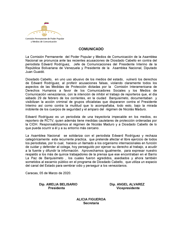 Comunicado de la Asamblea Nacional | Foto: Cortesía