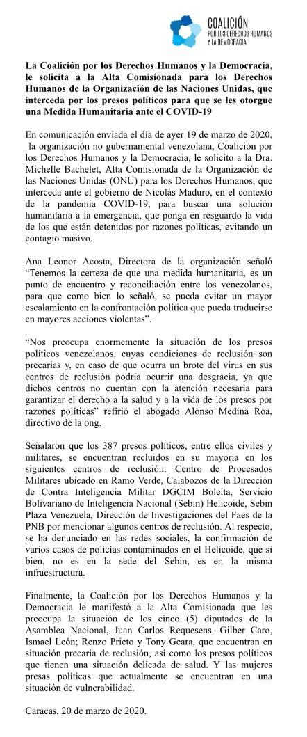Comunicado en el que ONG Coalición por los DDHH pidió a la ONU interceda por medida humanitaria a presos políticos