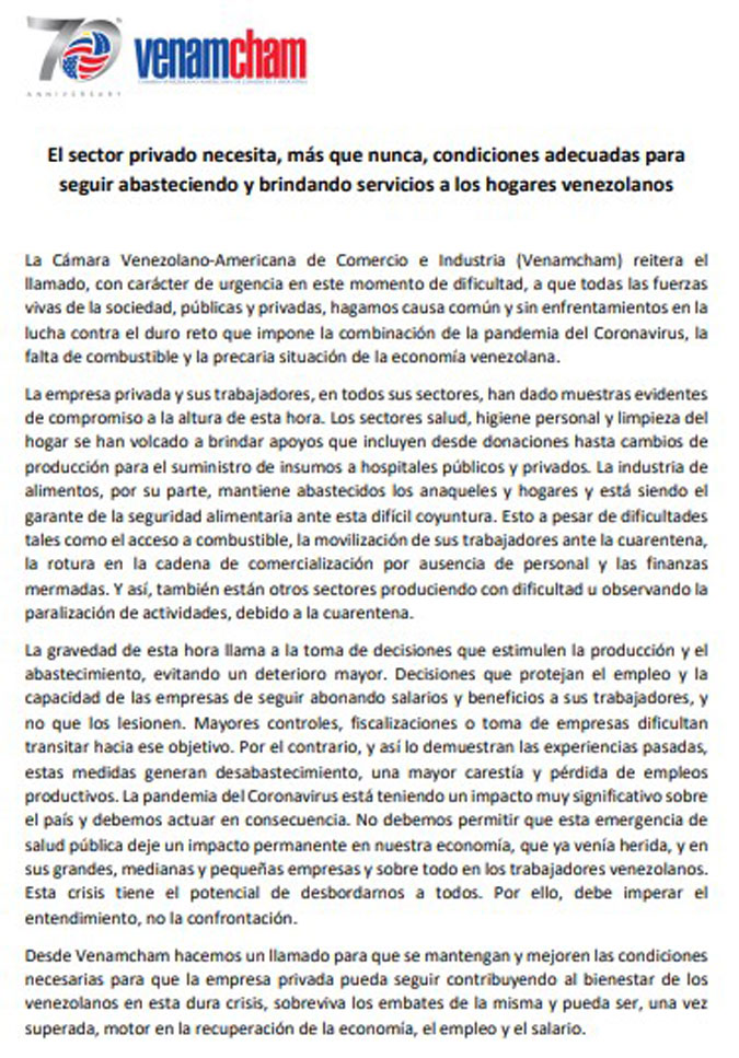 Venamcham sobre fiscalizaciones a comercios en Venezuela