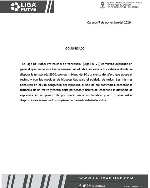 Comunicado de la Liga Futve sobre la entrada de fanáticos a los estadios en medio de la pandemia