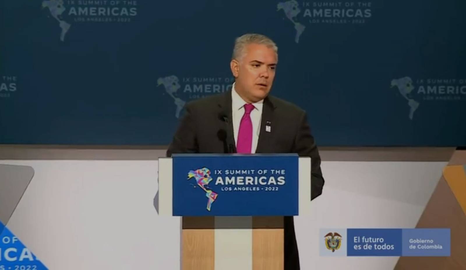 Presidente de Colombia, Iván Duque, durante su intervención en la Cumbre de Las Américas, Los Ángeles. Foto: Twitter presidencia de Colombia (Captura de pantalla).
