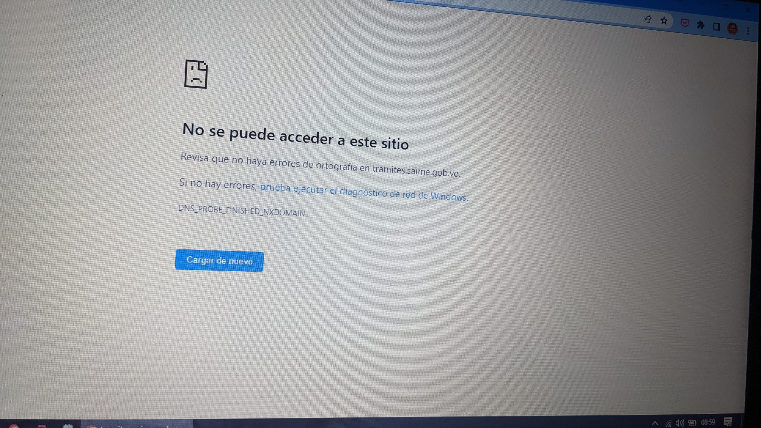 Pantalla que muestra el portal del Saime.